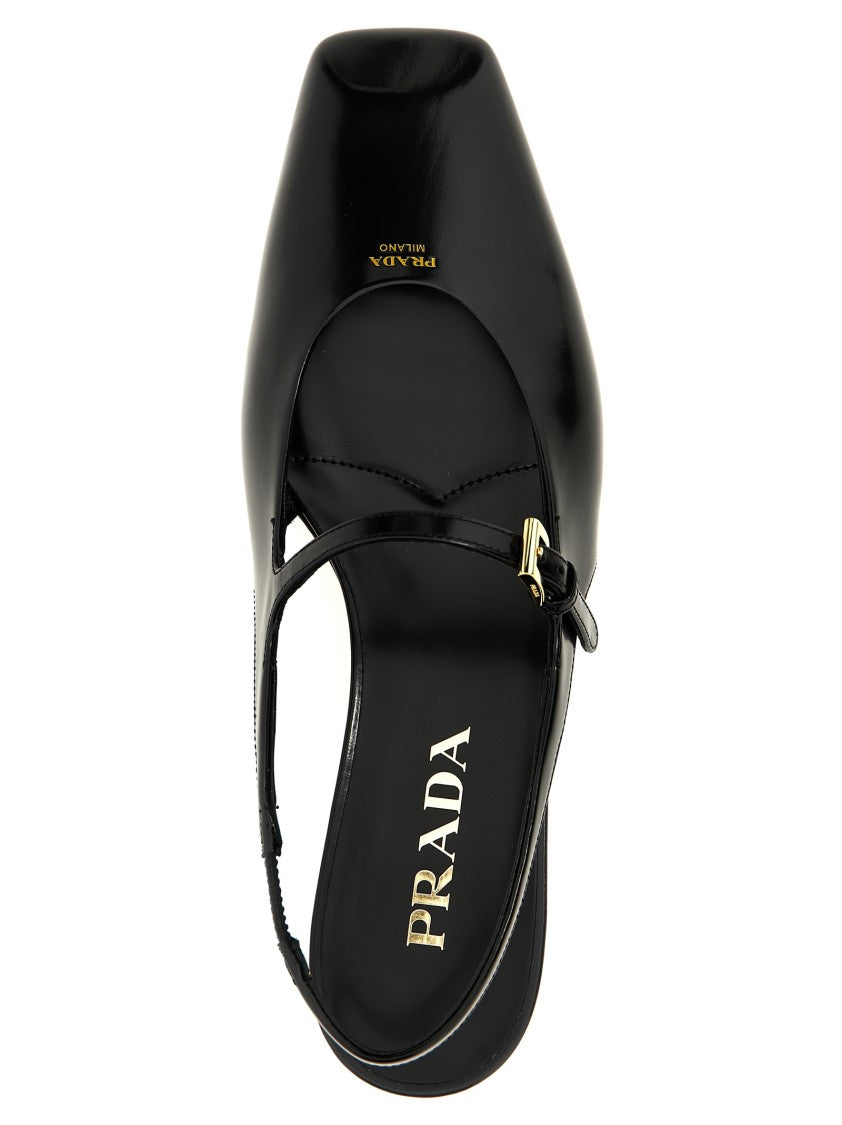 Prada Pointed Toe Leather Slingback With Embossed Logo