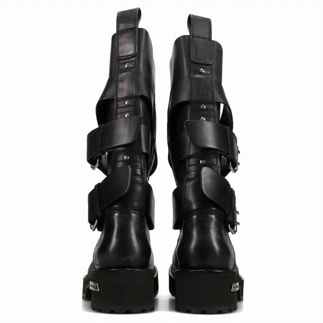 Balenciaga Mid-Calf Black Cow Leather Boots With Silver Buckle Straps