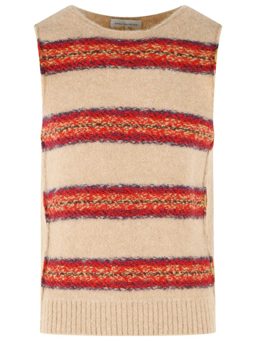 Dries Van Noten Beige Alpaca Blend Vest With Horizontal Stripe Pattern