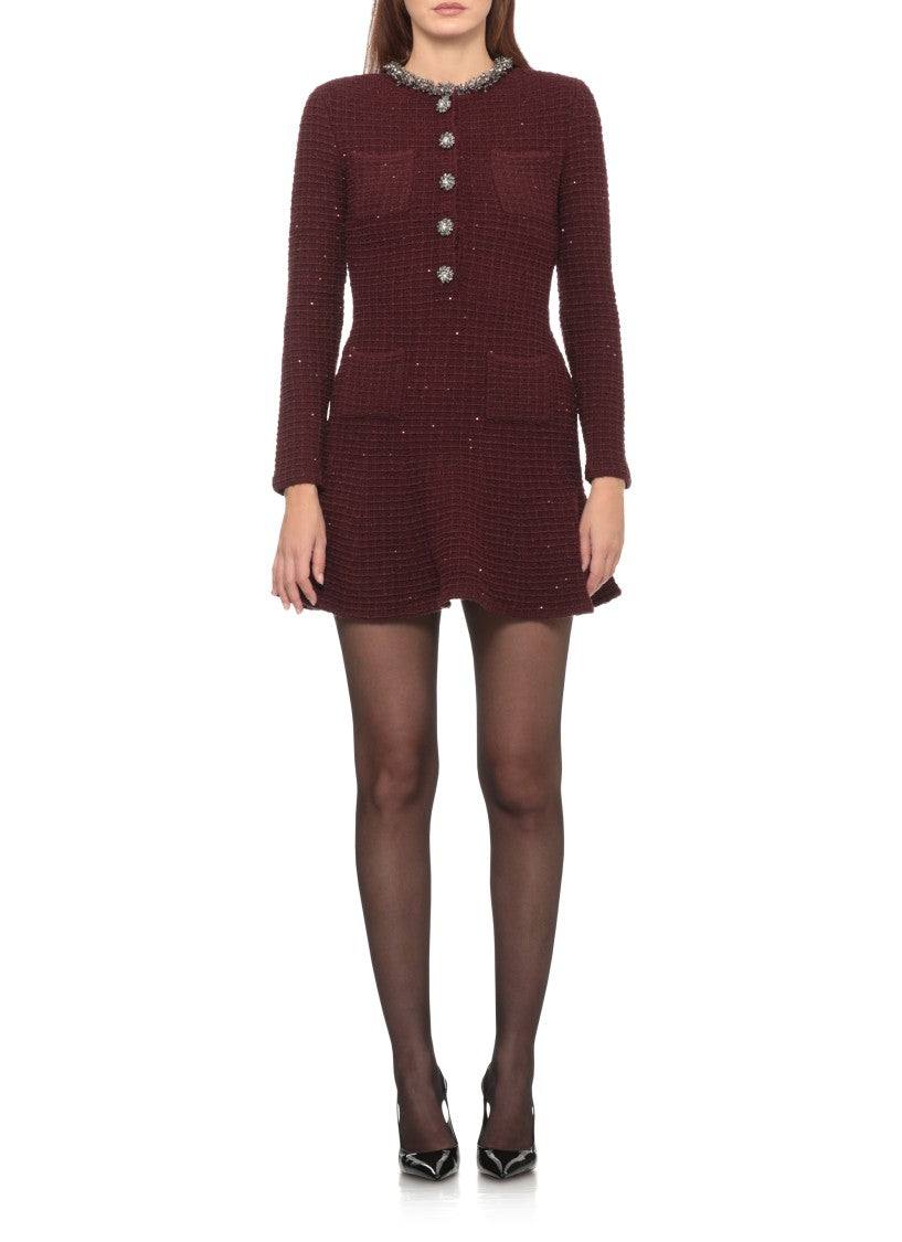 Self-Portrait Bordeaux Sequins Jewel Button Knit Mini Dress