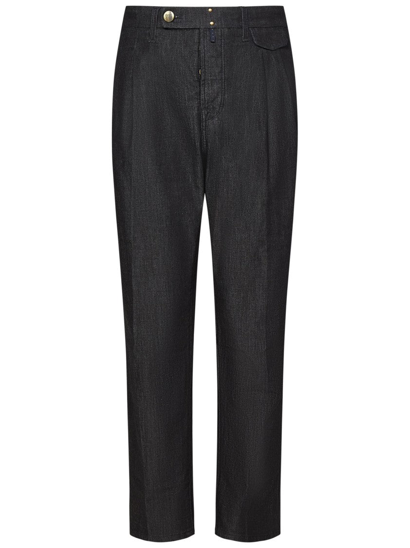 Incotex Tapered Black Denim Trousers With Double Pleats