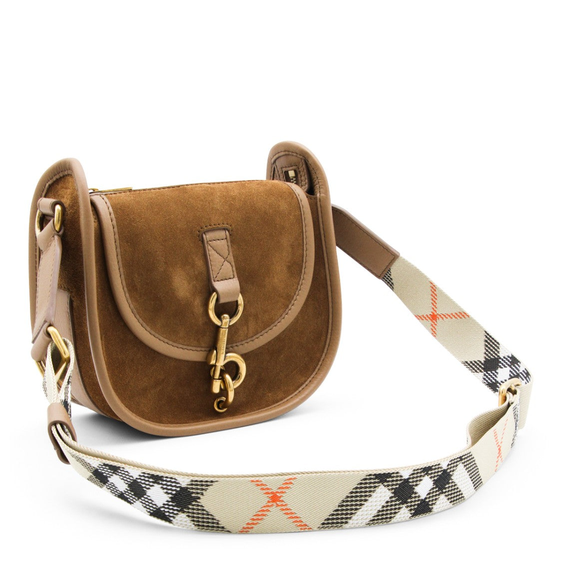 Burberry Suede Saddle Bag With Check Strap