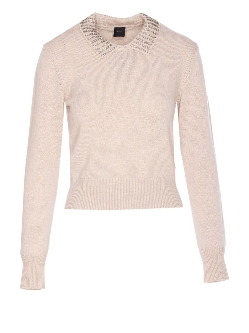 Pinko Fitted Sweater With Embellished Collar And Ribbed Details