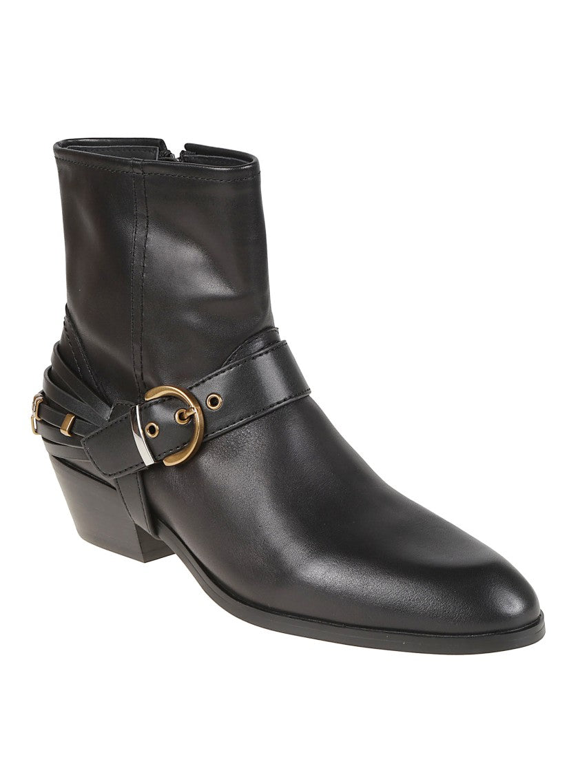Pinko Jane O7 Pointed Toe Gold-Tone Accent Leather Ankle Boots