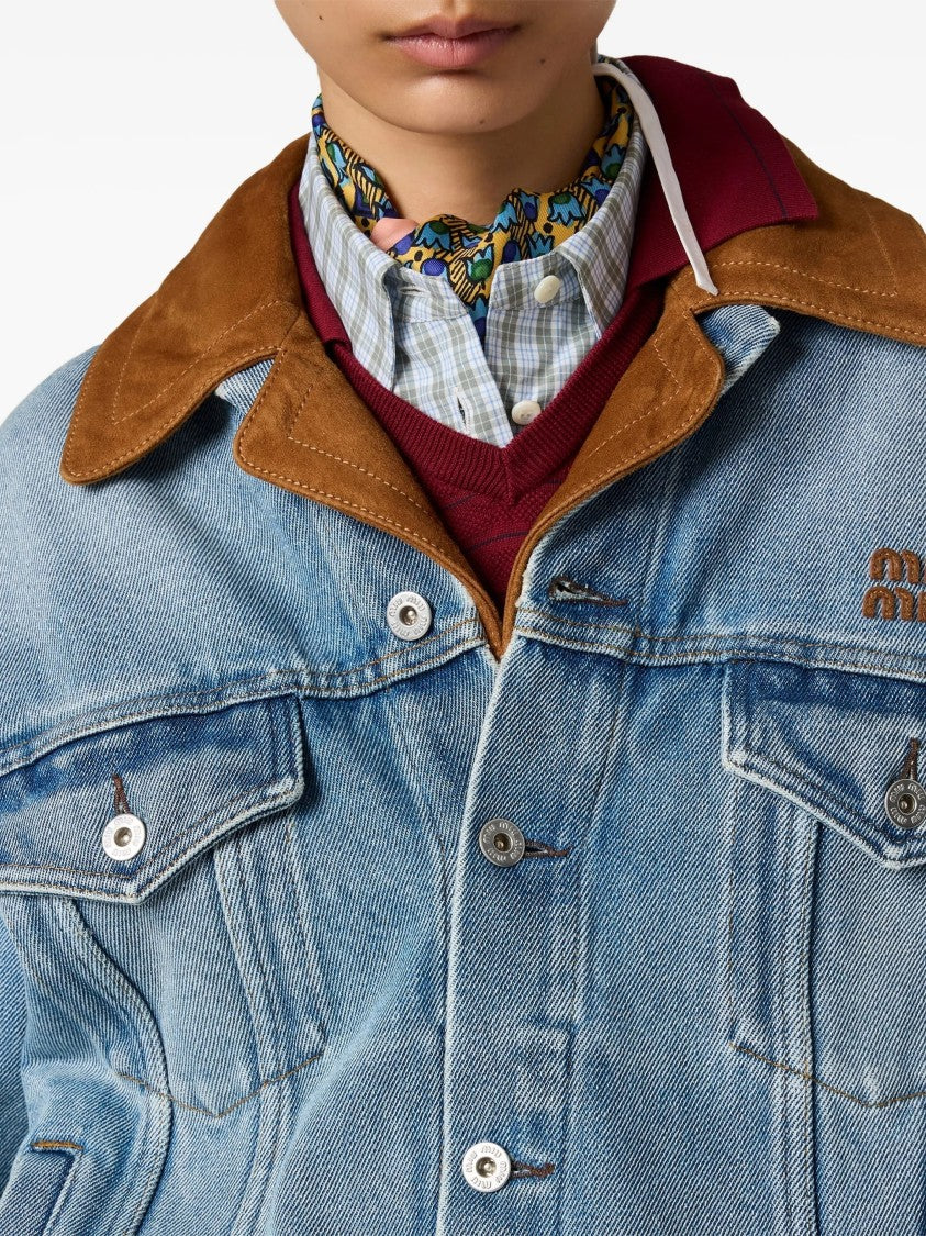 Miu Miu Light Blue Denim Leather Collar Jacket