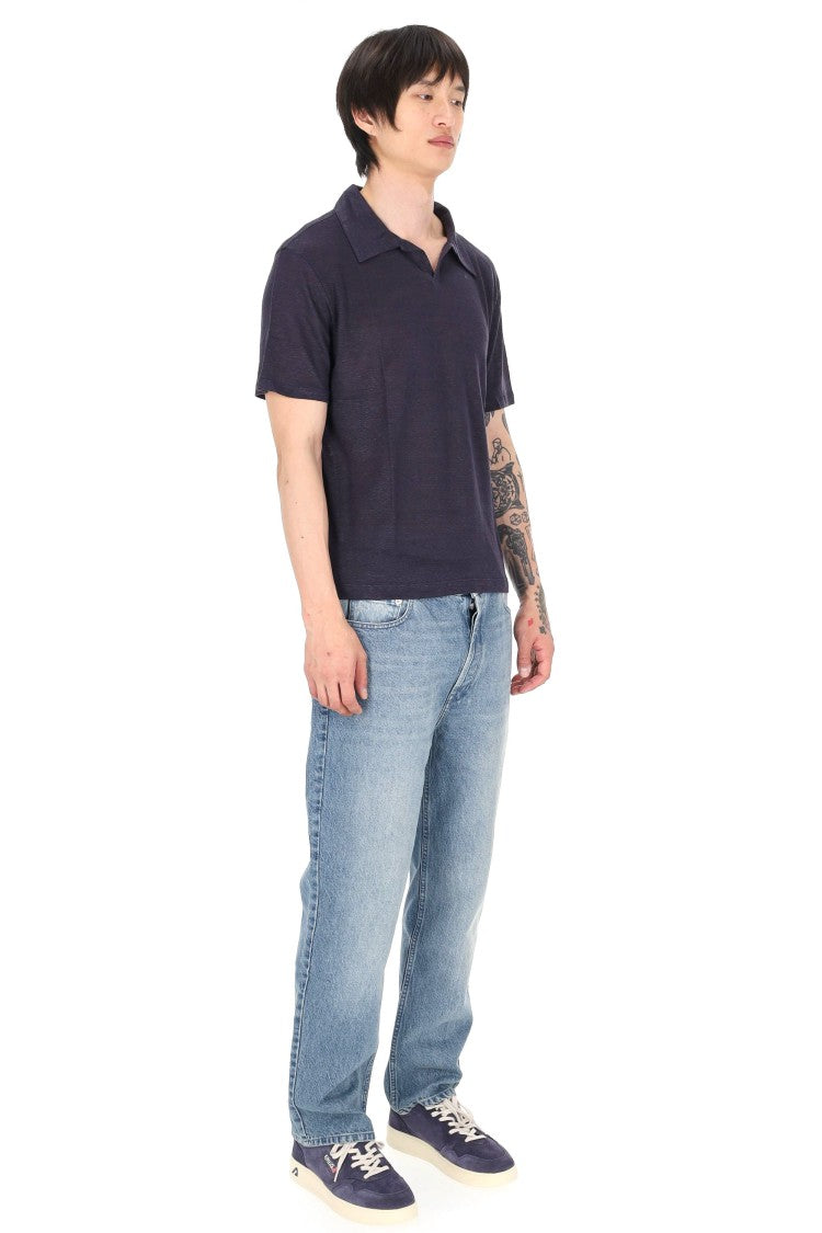 Officine Generale Simon Garment-Dyed Linen Open Collar Polo Shirt