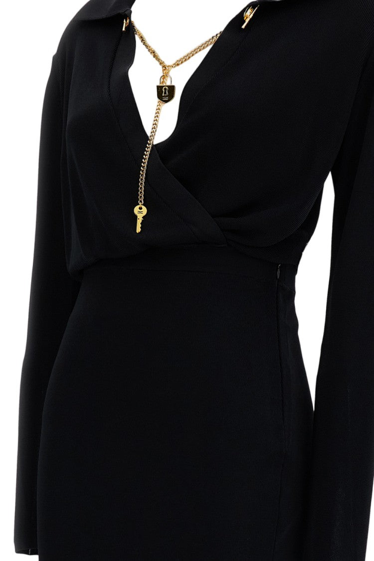 Elisabetta Franchi Midi Dress With Draped Waist And Gold Chain Detail