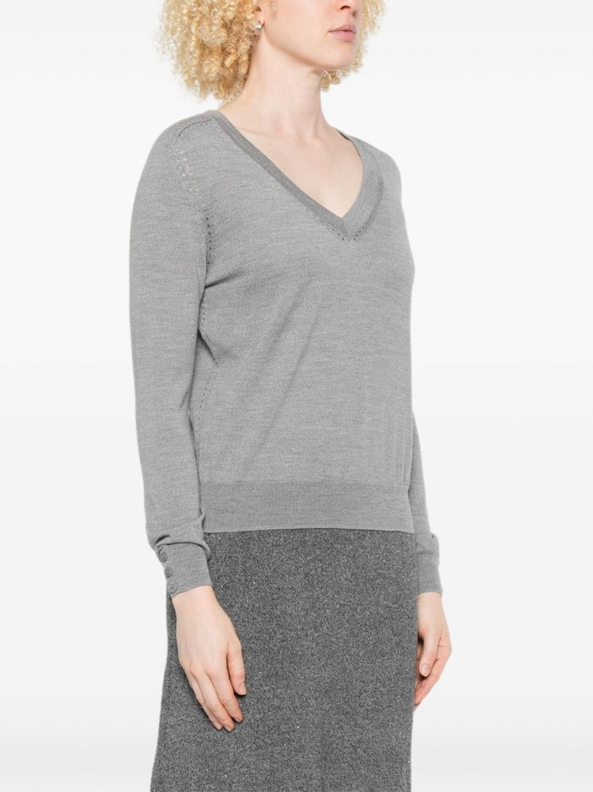 Liu Jo V-Neck Grey Sweater With Perforated Detailing