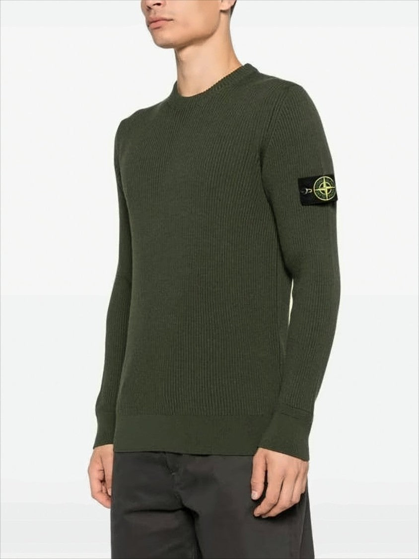 Stone Island Ribbed Knit Wool Sweater With Iconic Patch Logo