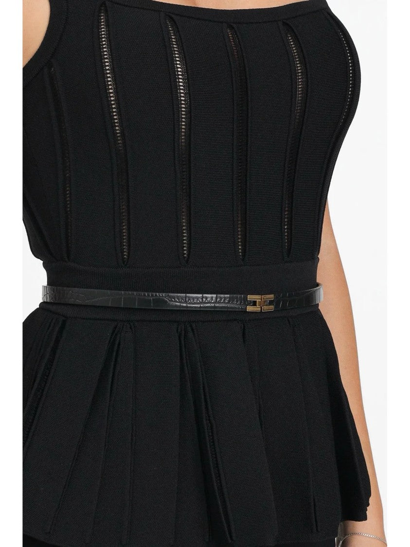 Red Carpet E. Franchi Long Fitted Black Dress With Sheer Paneling And Peplum Waist