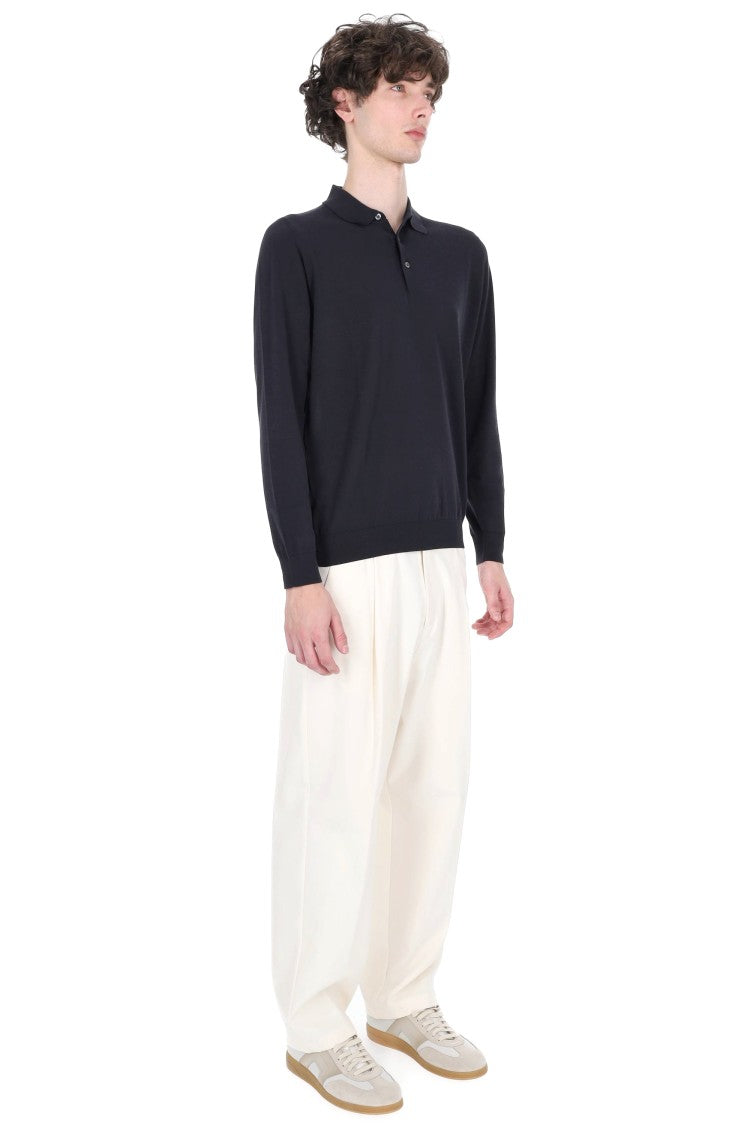 Drumohr Blue Long-Sleeve Cotton Polo Shirt