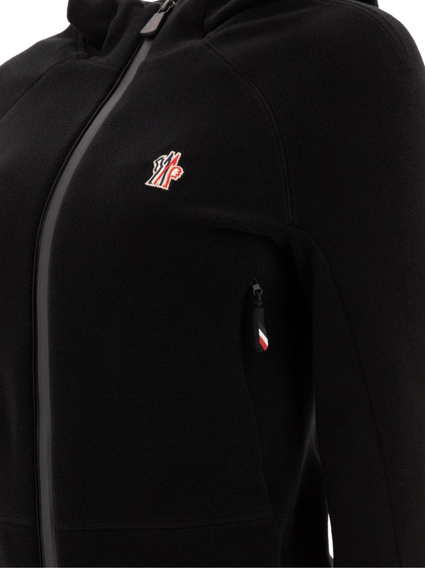 Moncler Grenoble Fitted Black Cardigan With Hood And Tricolor Stripe Accents