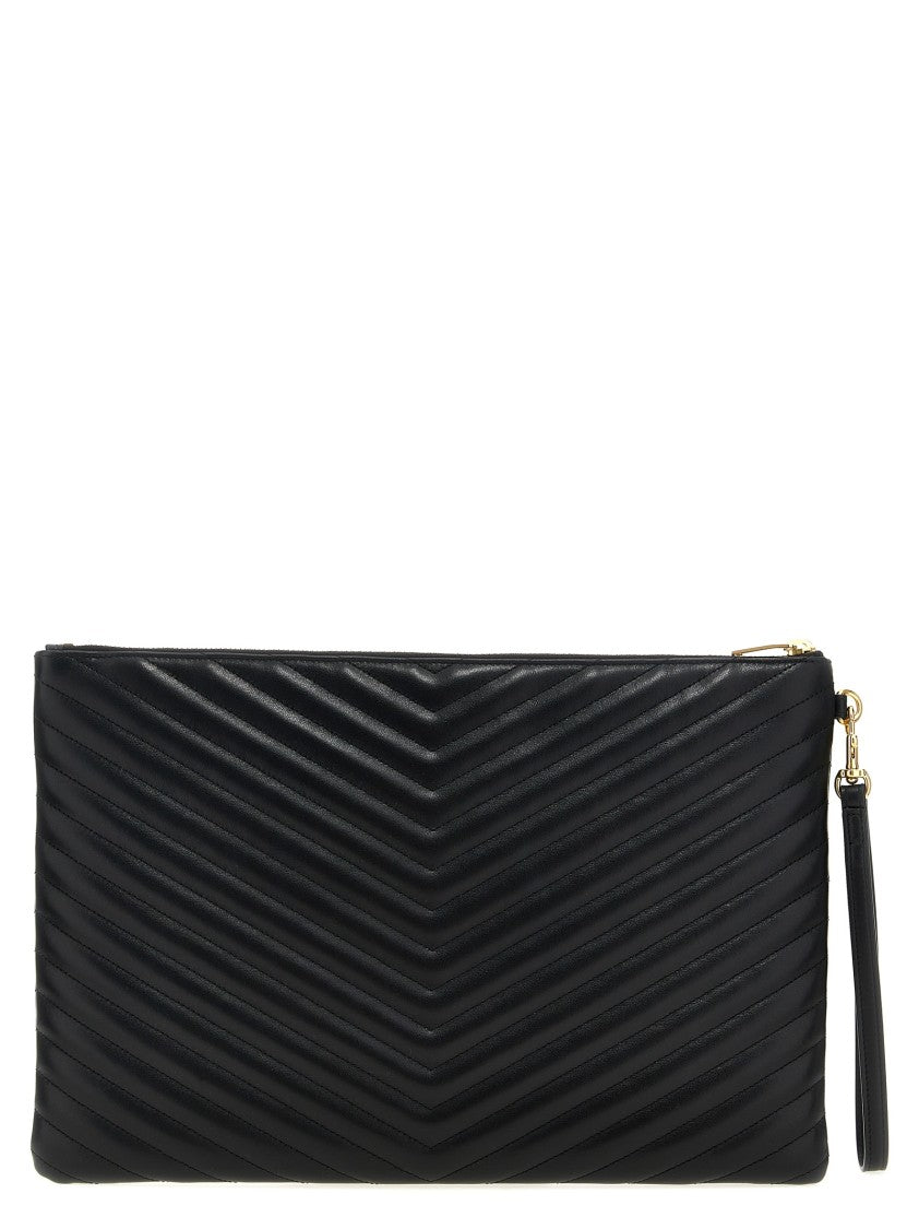 Saint Laurent Chevron Quilted Leather Clutch With Metal Logo Detail