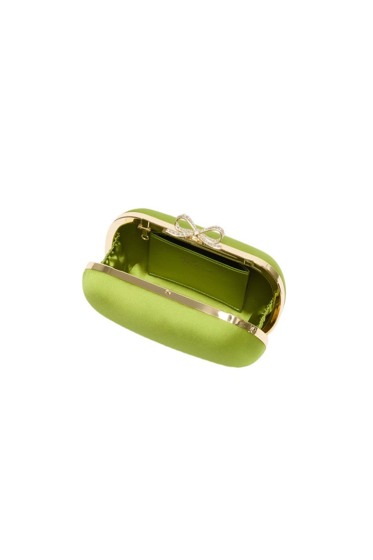 Self-Portrait Lustrous Green Satin Clutch Bag With Crystal Bow Detail