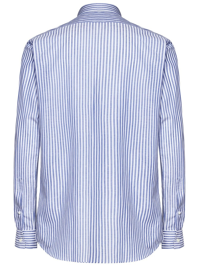 Franzese Collection Vertical Stripe Shirt In Clear Blue Cotton-Linen Blend