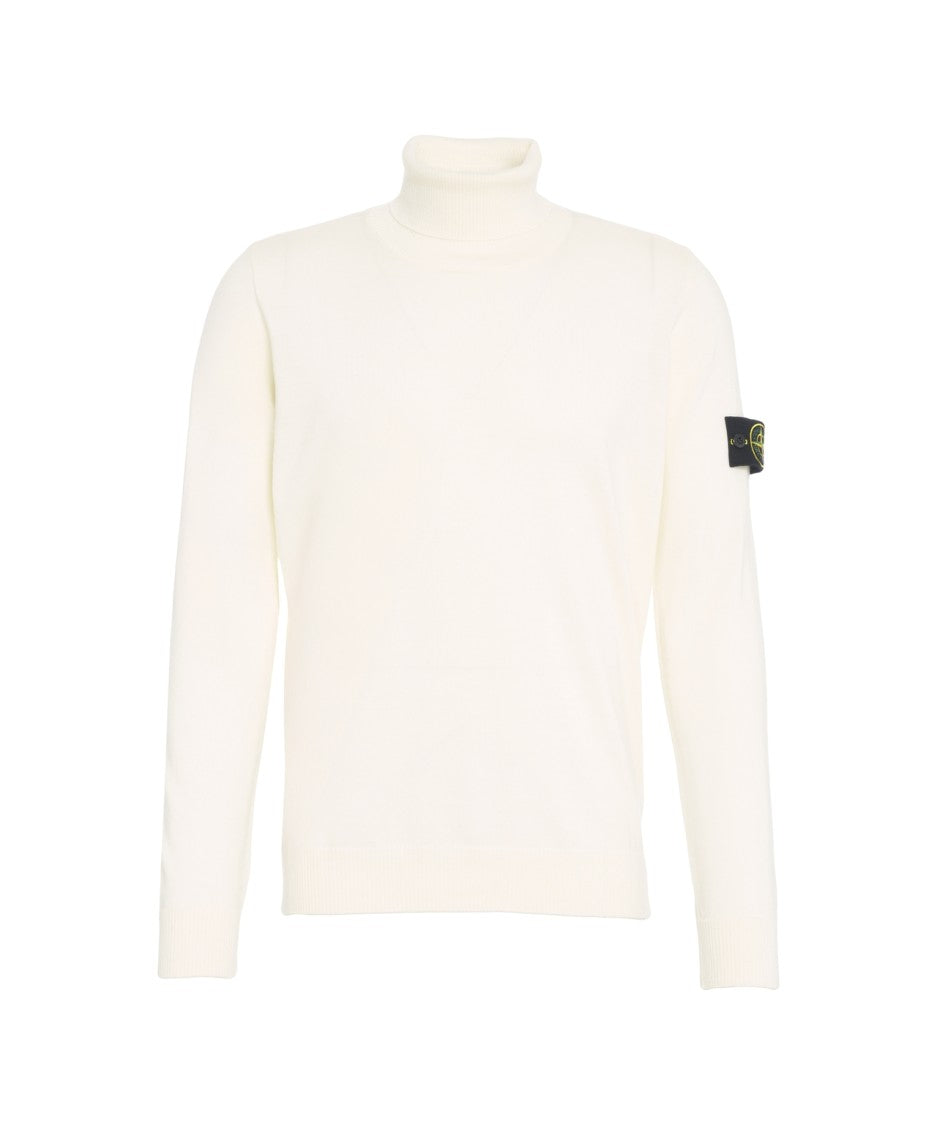 Stone Island Fitted Off-White Turtleneck Sweater With Logo Detail