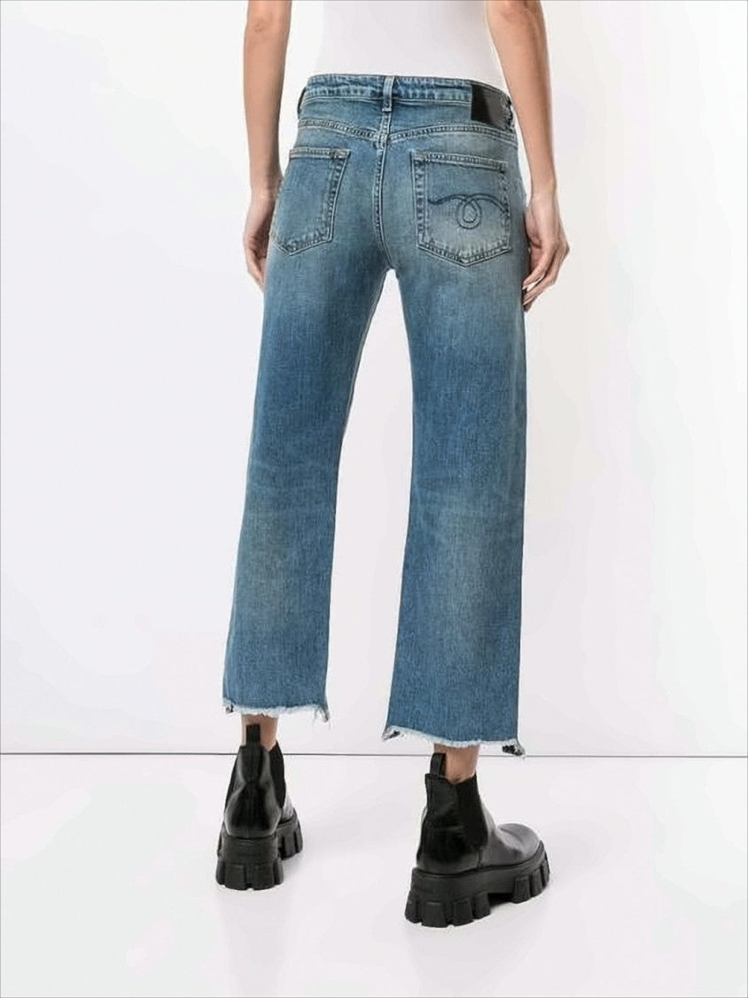 R13 Cropped Relaxed Fit Denim Pants With Flared Legs And Raw Hems