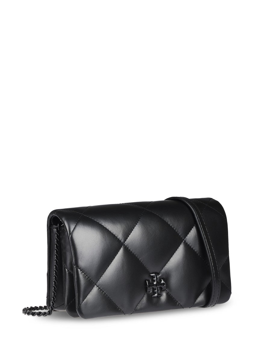 Tory Burch Diamond Quilted Black Chain Wallet With Powder Coating