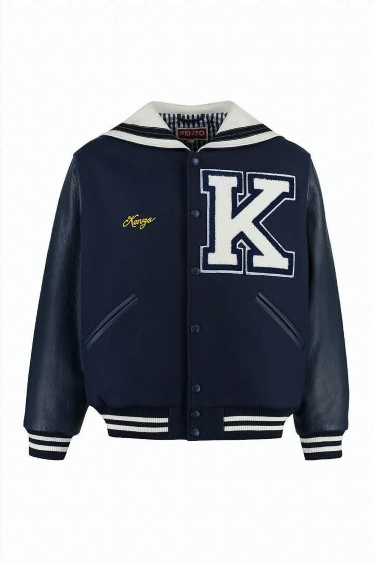Kenzo Cropped Varsity Jacket With Iconic 'K' Patch And Leather Sleeves