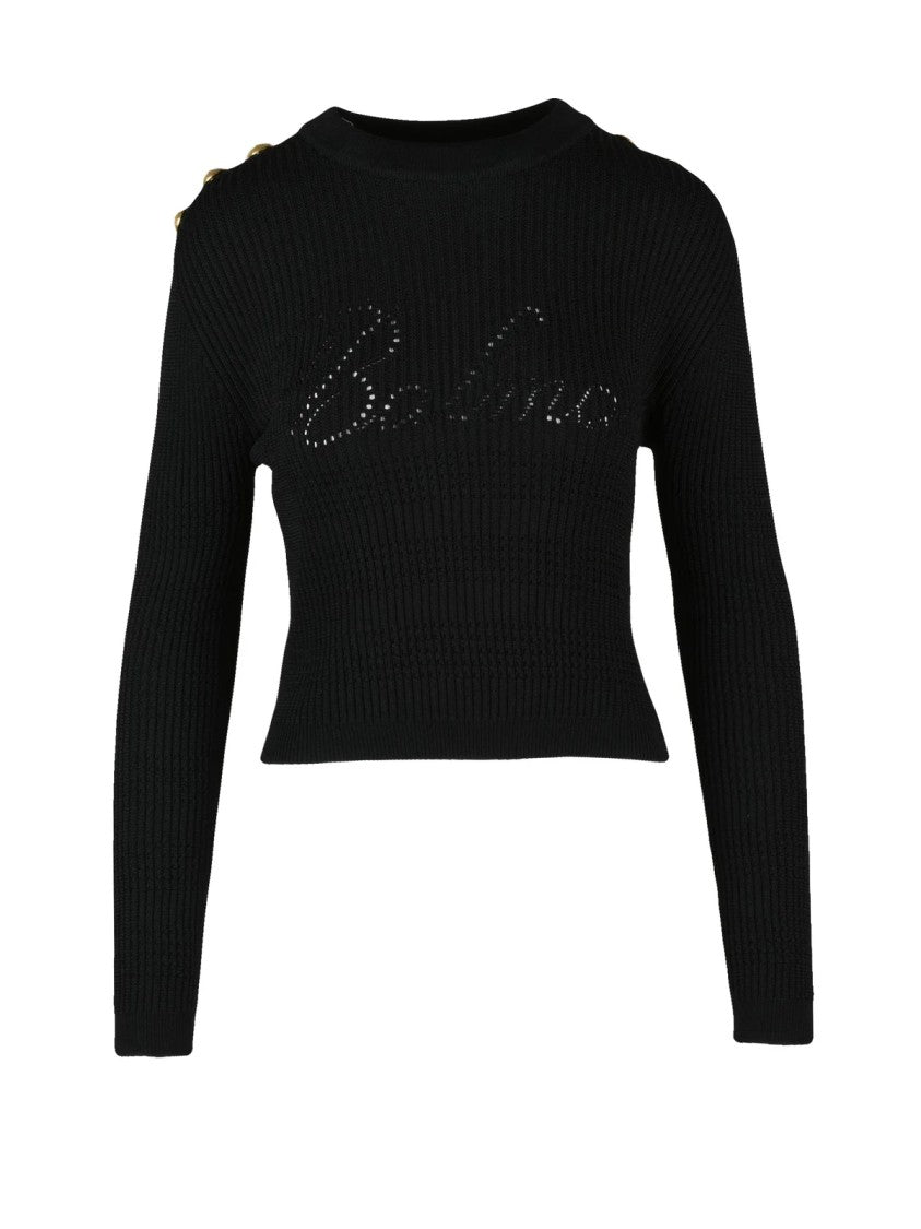Balmain Short Black Knit With Ribbed Texture And Gold-Accent Buttons