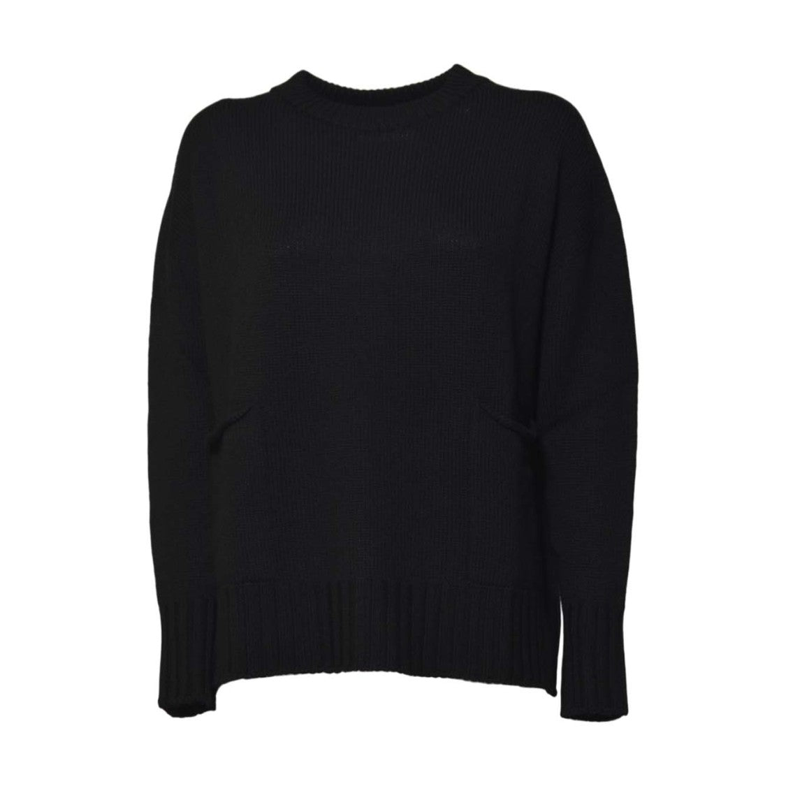 Solotre Solid Black Sweater With Round Neckline And Long Sleeves
