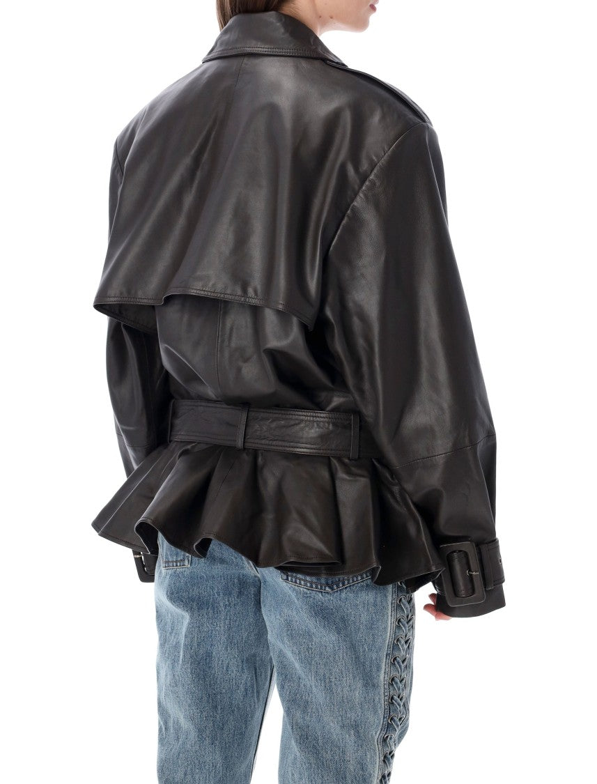 Rotate Structured Peplum Biker Jacket In Soft Lambskin Leather