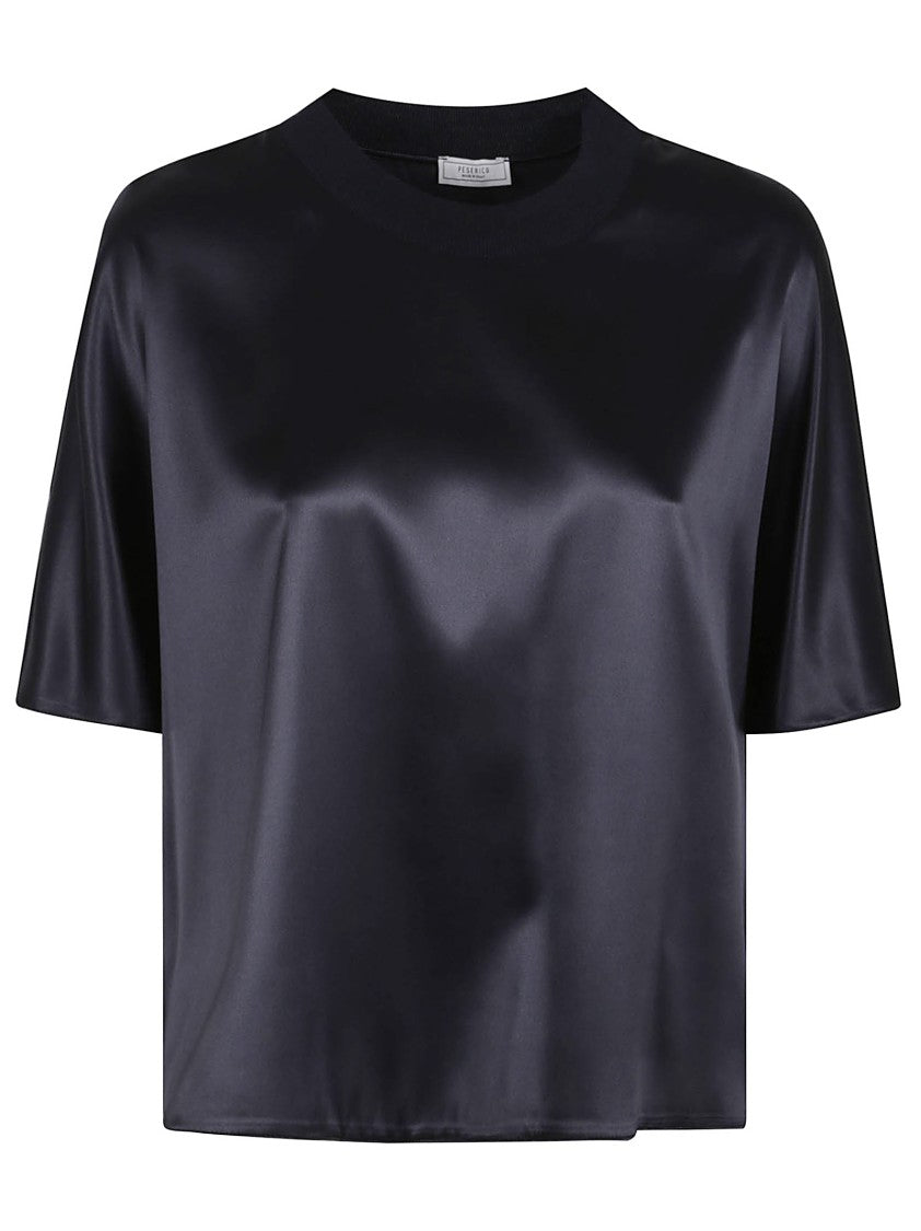 Peserico Midnight Blue Knit Trim Crewneck Shirt