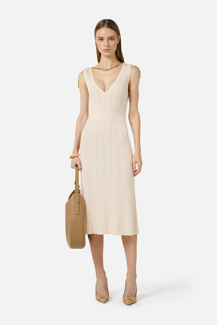 Elisabetta Franchi Butter V-Neck Ribbed Chain Tie Straps Viscose-Blend Midi Dress