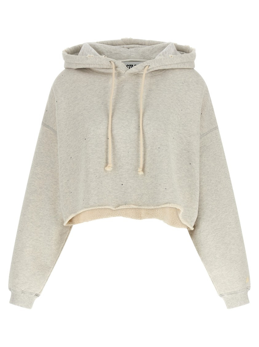 Golden Goose Cropped Mélange Cotton Terry Hoodie With Crystal Appliqué