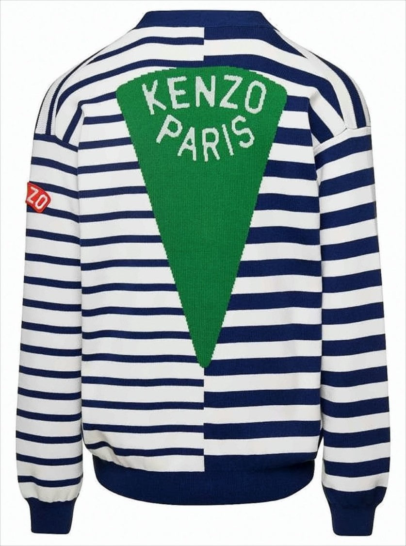 Kenzo Striped Knit Cardigan With V-Neckline And Bold Patches