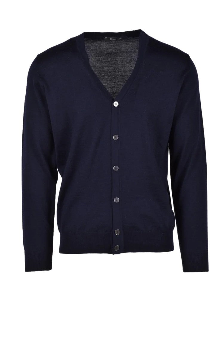 Fama Blue V-Neck Merino Wool Cardigan