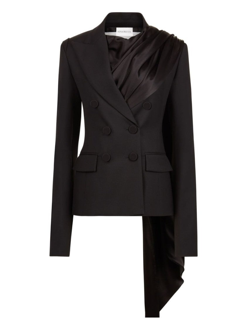 Nina Ricci Black Double Breasted Draped Scarf Jacket