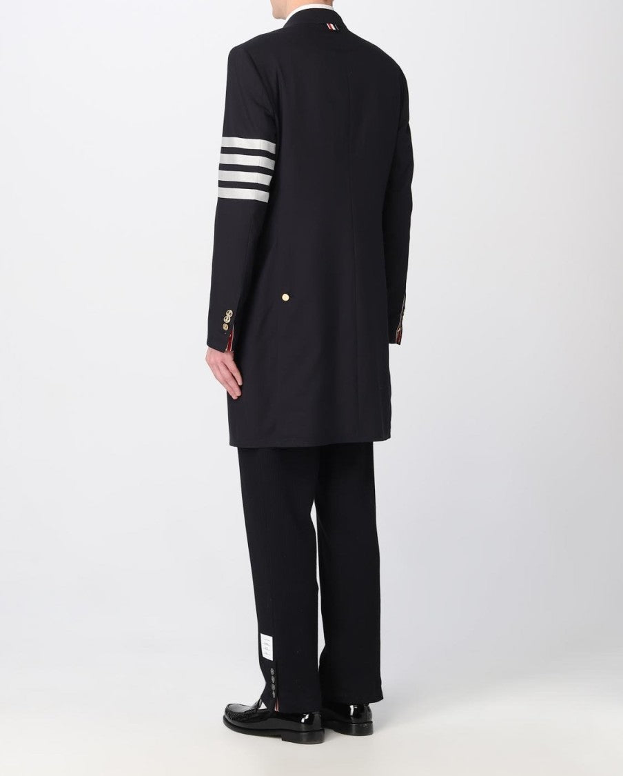 Thom Browne Tailored Black Coat With Asymmetrical Front And Signature Stripe