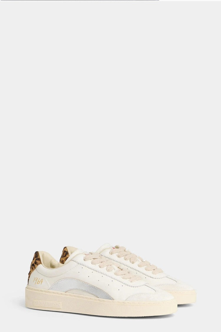 Dsquared2 White Leopard-Print Heel Tab Metallic Panel Leather Sneakers