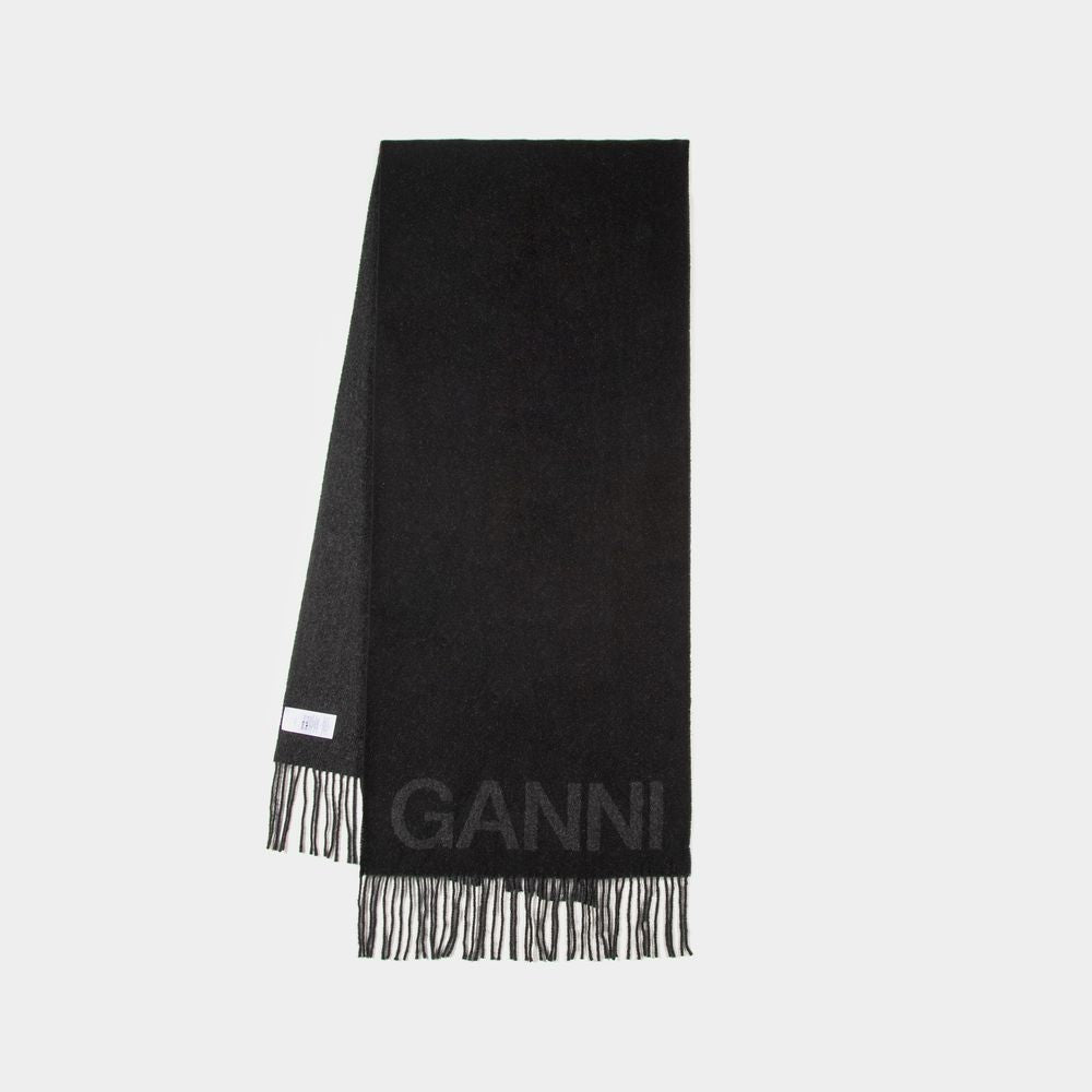 Ganni Fringed Scarf - Wool - Black