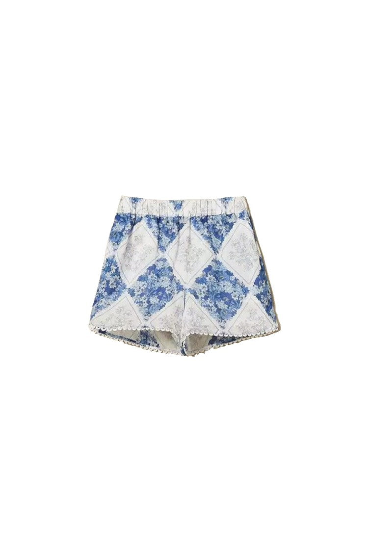 Twin-Set Blue Ramie Diamond-Patchwork Floral-Print Shorts