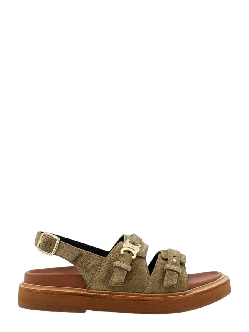 Celine Olive Suede Sandals With Gold-Tone Hardware