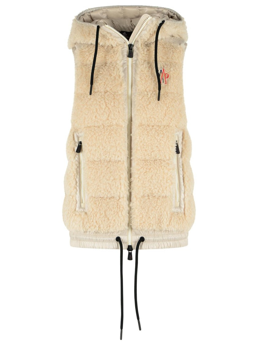 Moncler Grenoble Light Beige Teddy-Style Hooded Polyester Insulated Vest