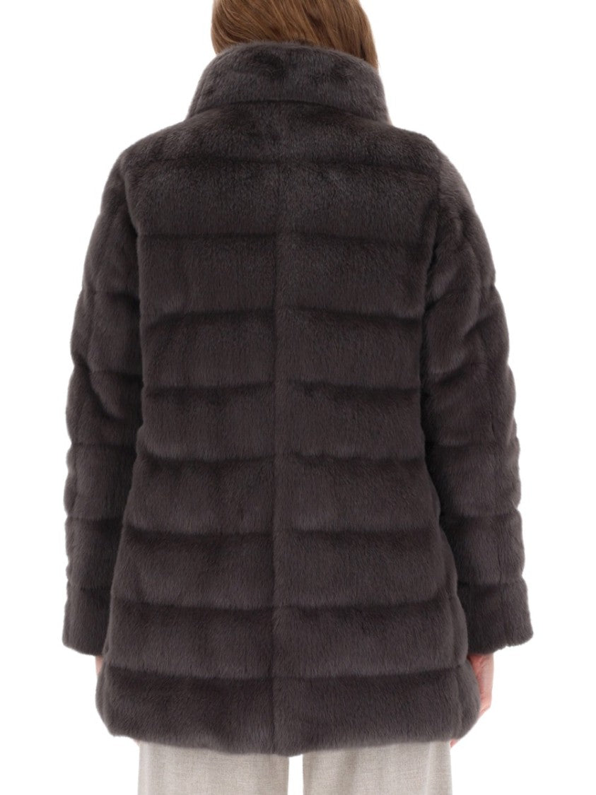 Herno Plush Quilted Coat With High Collar And Ribbon Pulls