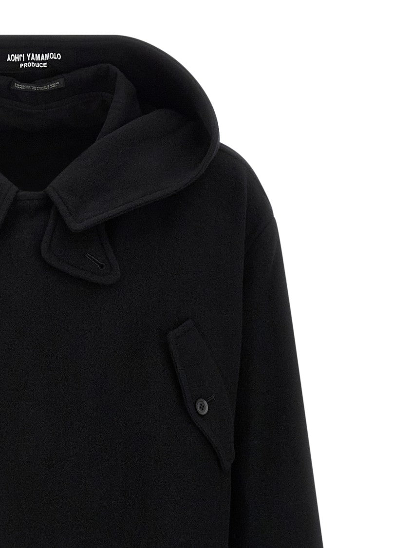 Yohji Yamamoto Hooded Wool Coat With Snap Button Closure