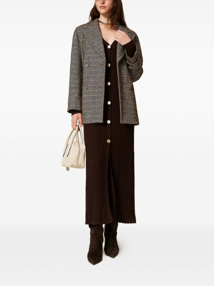 Twin-Set Brown Herringbone Short Coat With Gold Accents