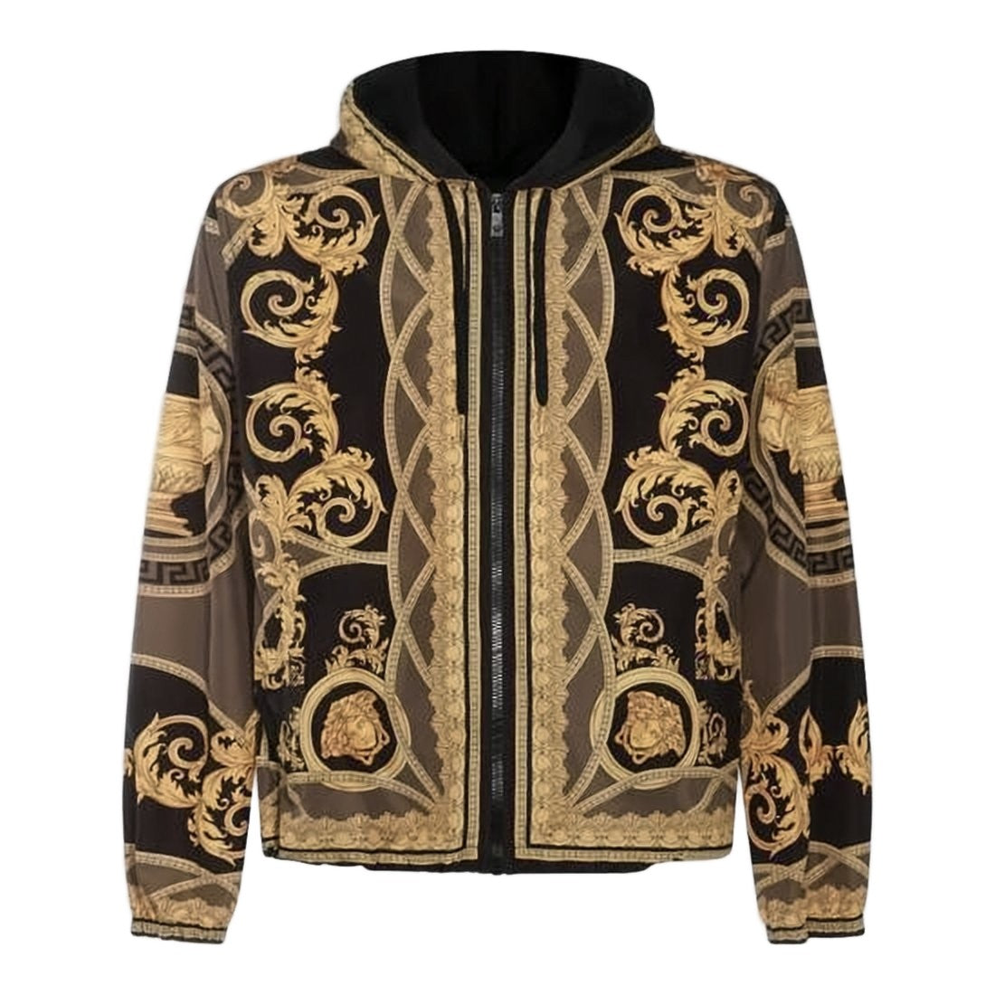 Versace Baroque-Patterned Black Versace Jacket With Zipper Closure