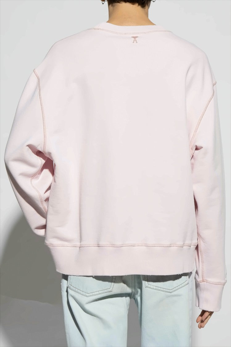 Ami Light Pink Relaxed Fit Sweatshirt With Subtle Embroidery