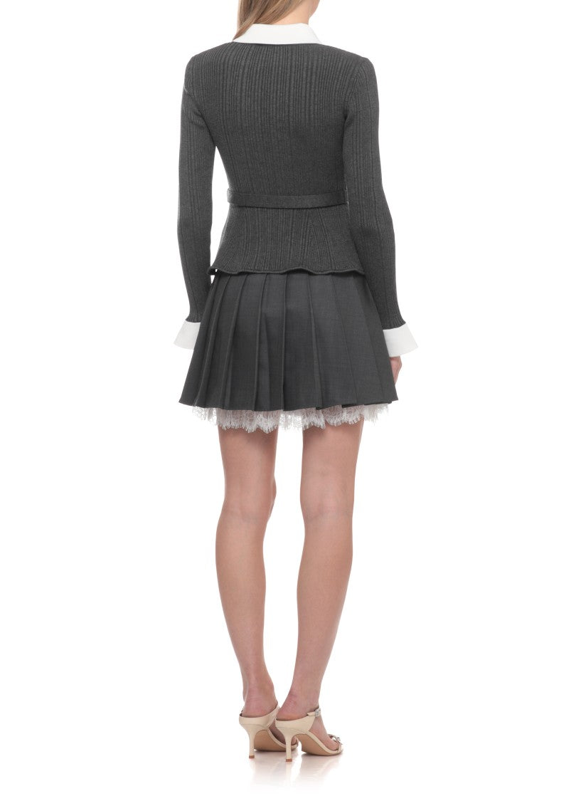 Self-Portrait Grey Ribbed Knit Belted Cardigan
