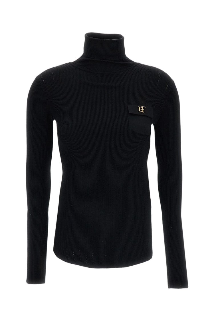 Elisabetta Franchi Black Stretch Ribbed Turtleneck Top