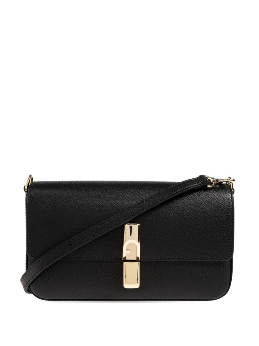 Furla Black Rectangular Leather Gold-Tone Clasp Handbag
