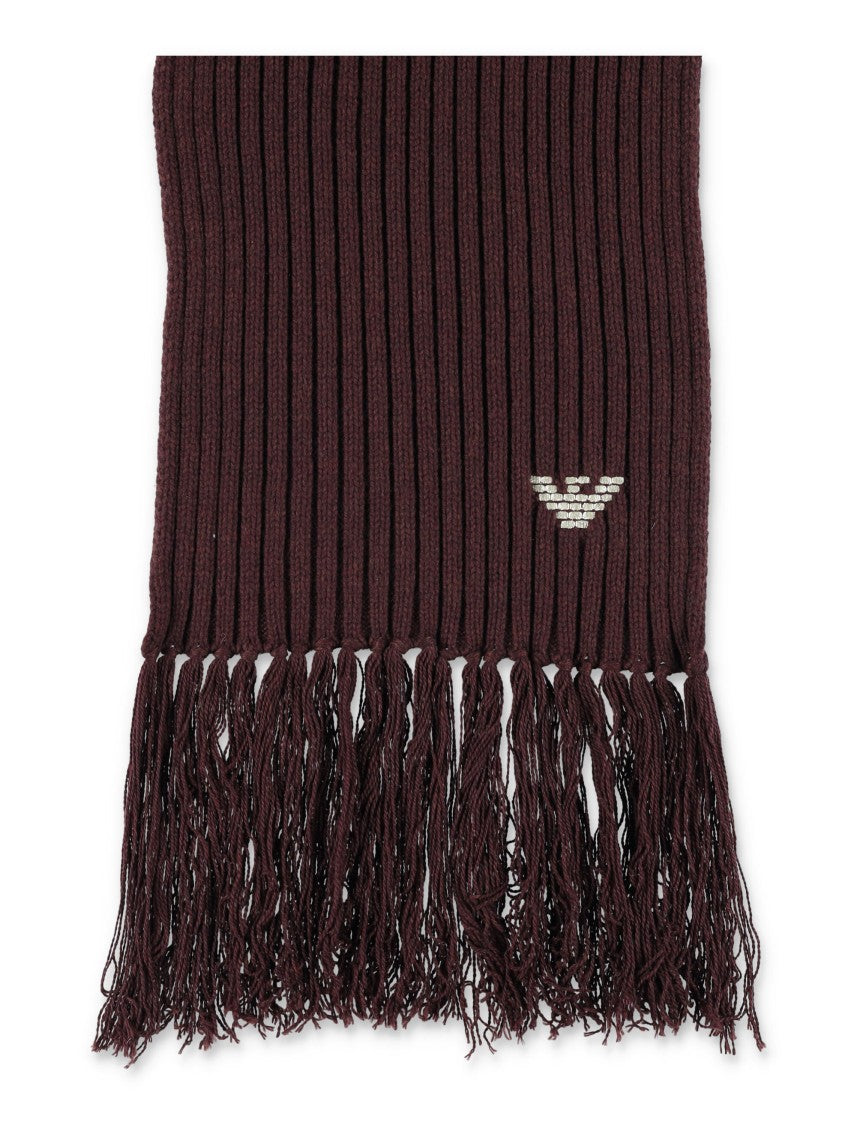 Emporio Armani Ribbed Wool Scarf With Decorative Fringes