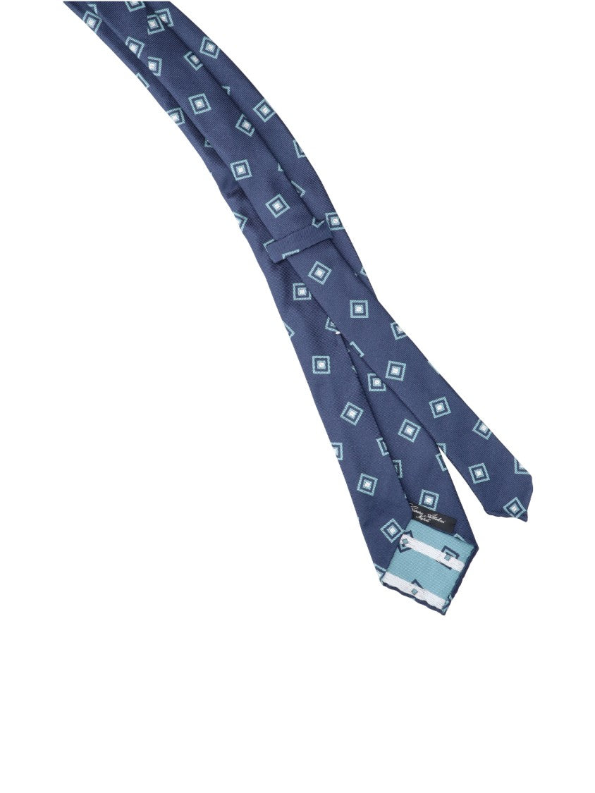 Cesare Attolini Deep Blue Geometric Pattern Silk Necktie
