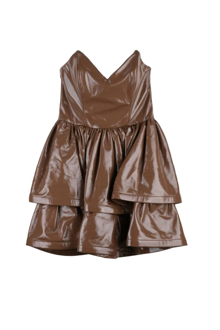 Elisabetta Franchi Short Faux Leather Dress Heart Neckline - Chocolate