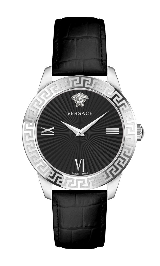 Versace Greca Signature Analog Watch With Swiss Movement And Black Leather Strap
